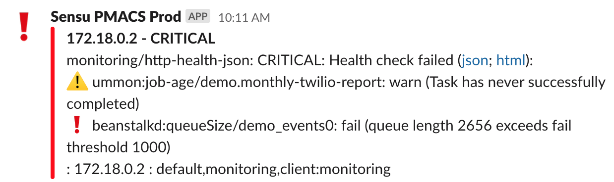 screenshot of health.json alert in slack